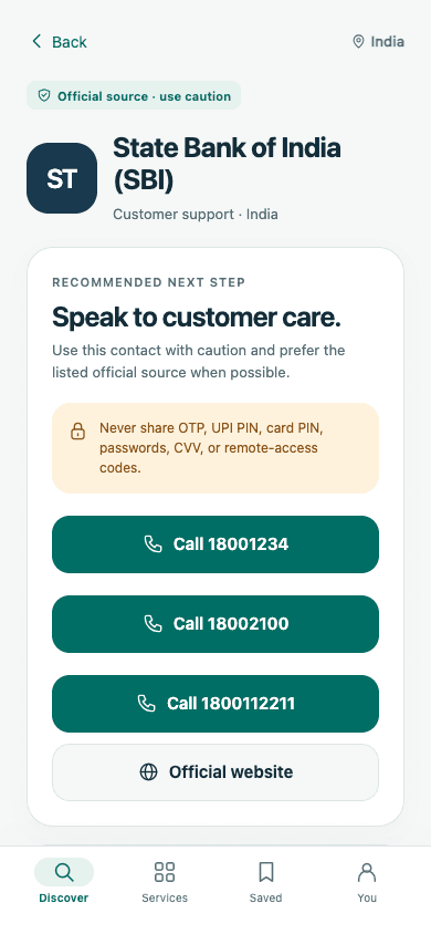Real TrustDial contact screen showing official-source caution, safety reminders and contact actions