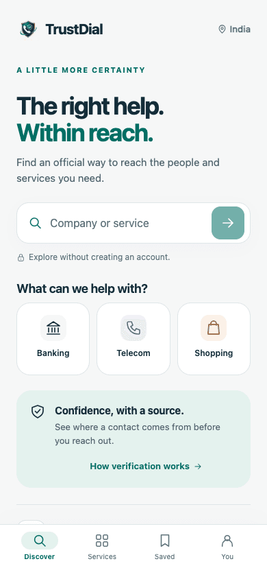 Real TrustDial Discover screen with company search, categories and source guidance