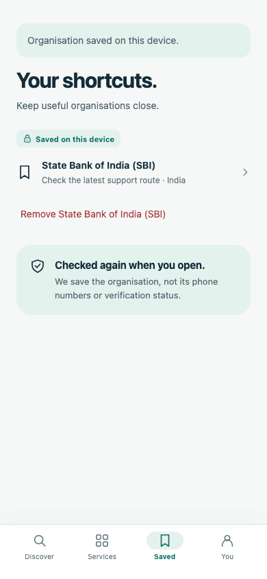 Real TrustDial Saved screen with a saved organisation