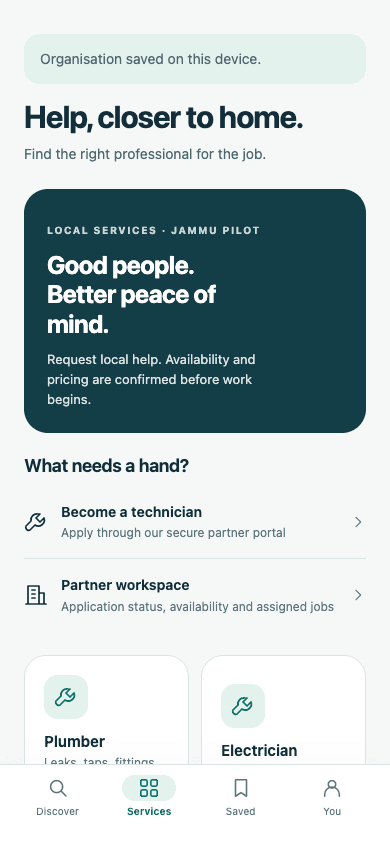 Real TrustDial Services screen with technician applications, partner workspace and local service categories